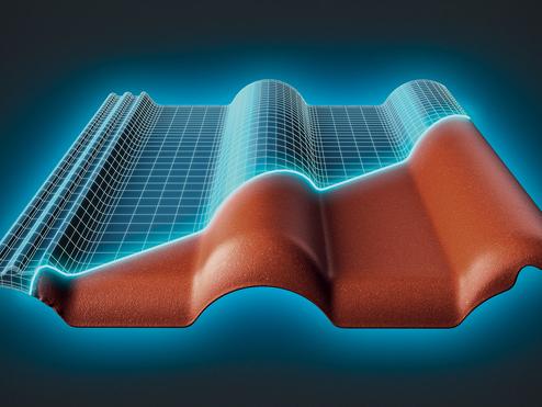 3D-Darstellung einer Dachziegel-Form mit Gitterlinien auf einem dunkelgrauen Hintergrund.